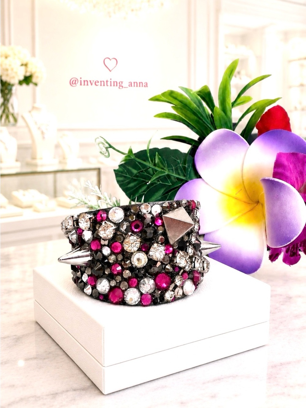 CUFF BRACELET Studded Pink Silver Gray and Black Cuff w/Swarovski Crystals